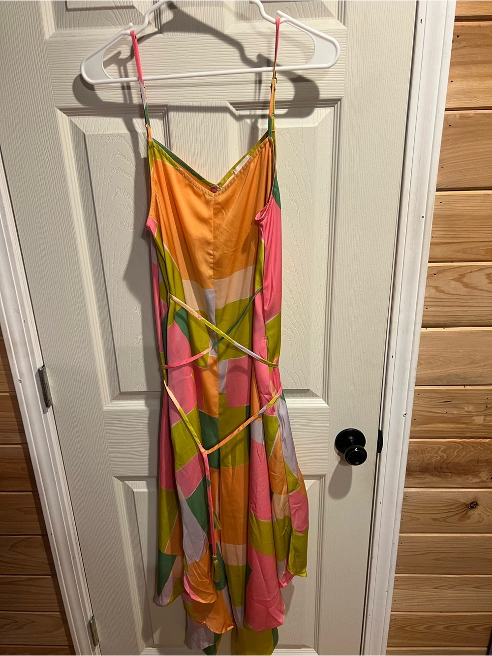 Asymmetrical Colorblock Spaghetti-Strap relaxed skort in Pink, Orange & Green
